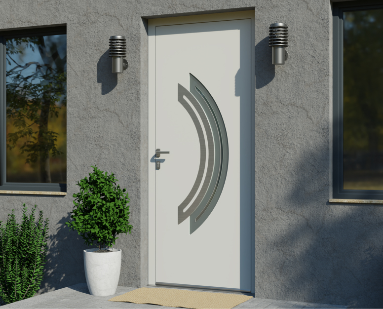 Porte d'entrée en PVC blanc avec décoration en aluminium